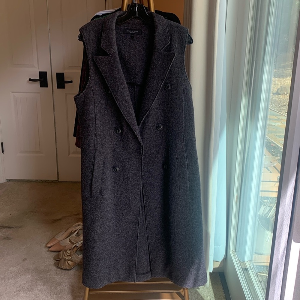 Rag and Bone Faye Longline double breasted wool blend vest, charcoal, size 12